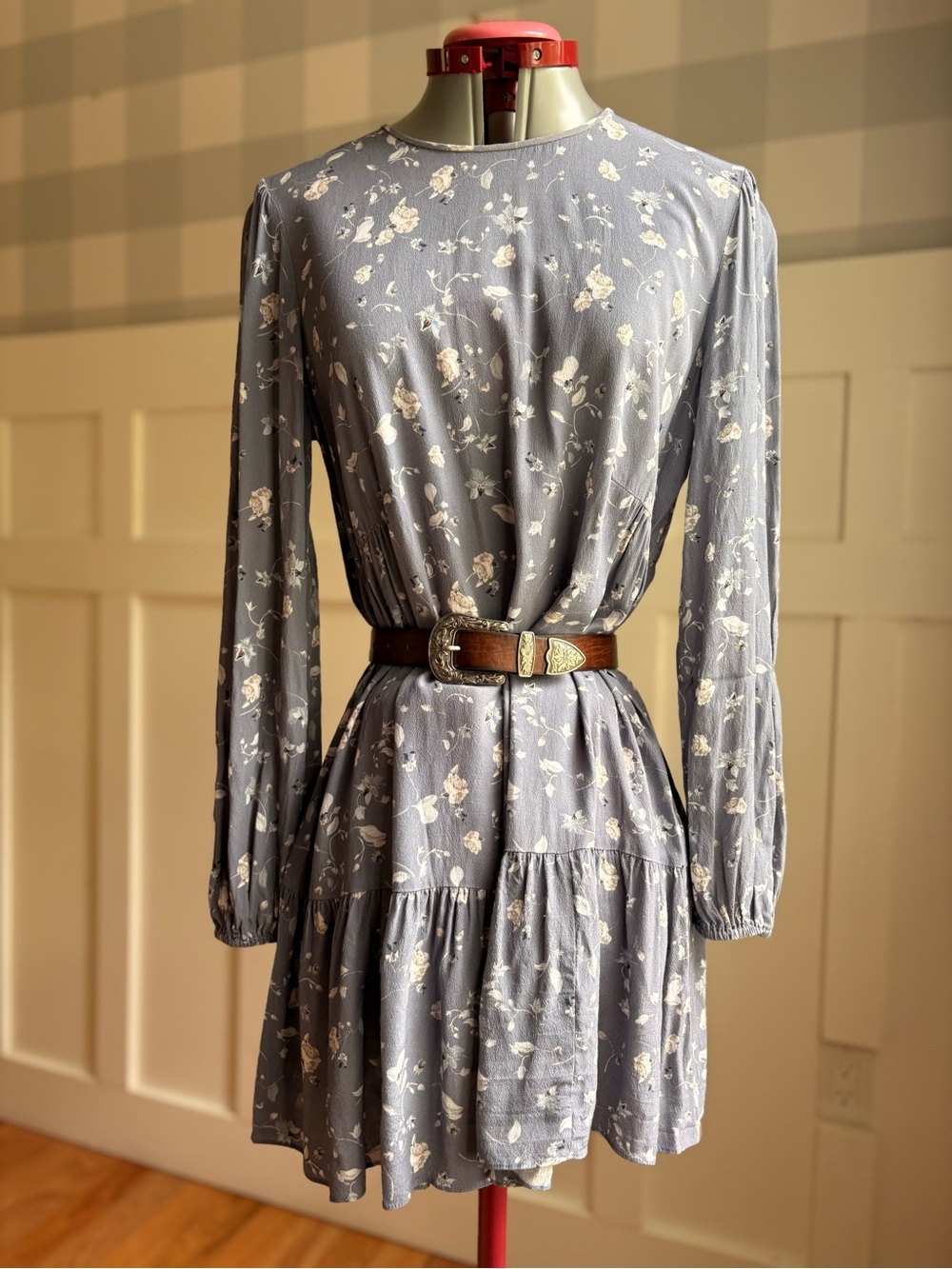 Wilfred Dusty Blue Floral Long-Sleeve Mini Dress Medium - Picture 2 of 9